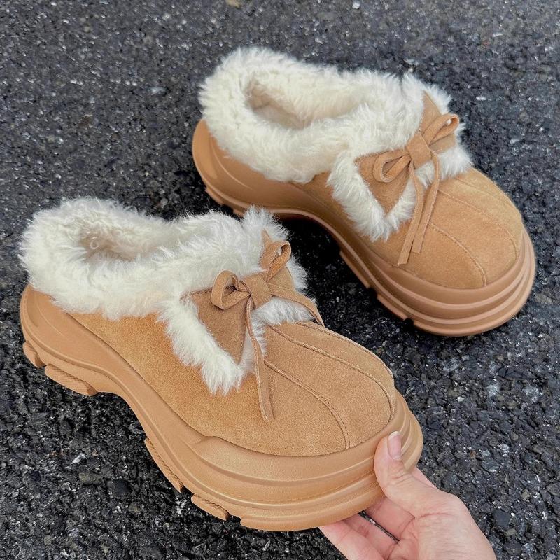 Fashion Cute Butterfly Knot Slip-On Half Slippers Women's Fashion Thick Bottom Wool Snow Boots Round Toe Rubber Sole Winter Shoes