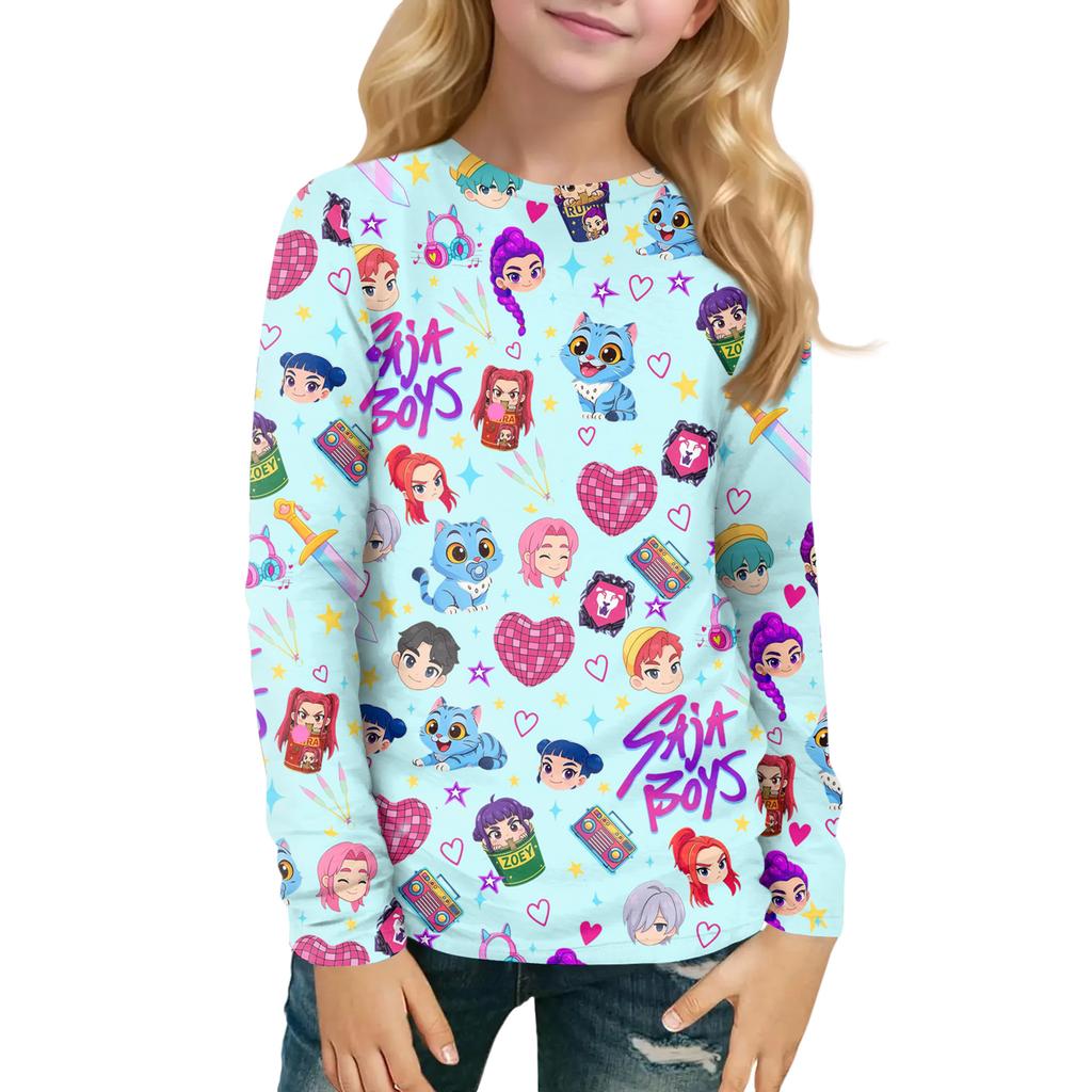 Children's Witch  Printed Long Sleeved Round Neck Top With Floral Print For Daily Casual T-shirt