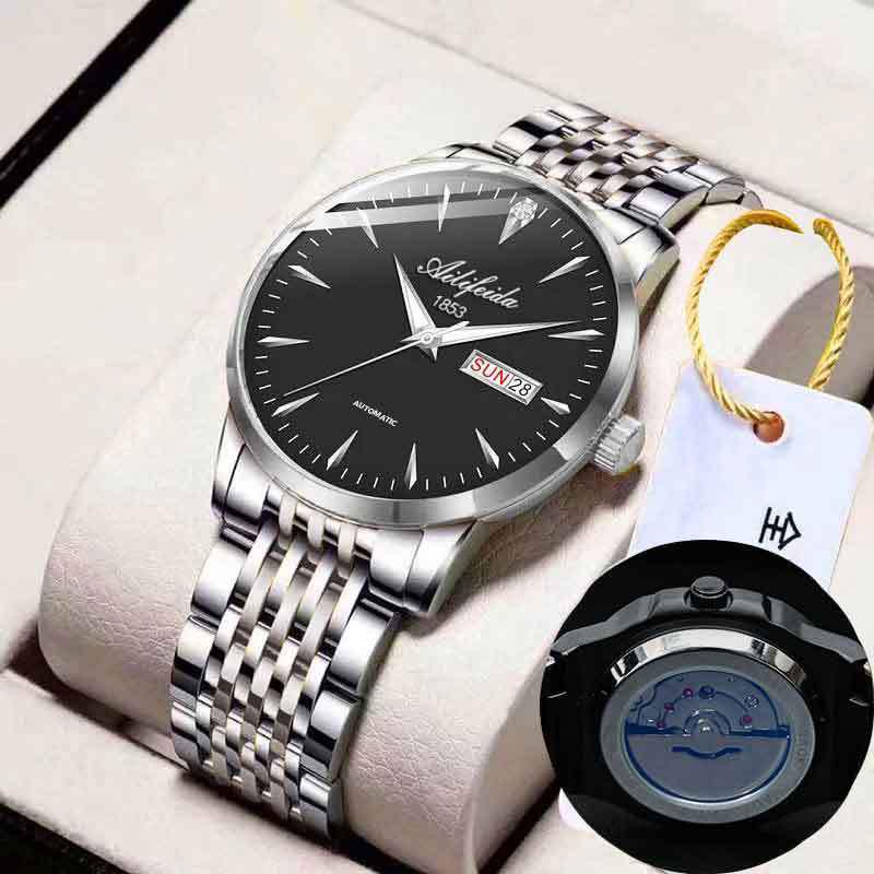Aili Feida Men's Quartz Waterproof Watch with Hollow Back and Calendar Feature.