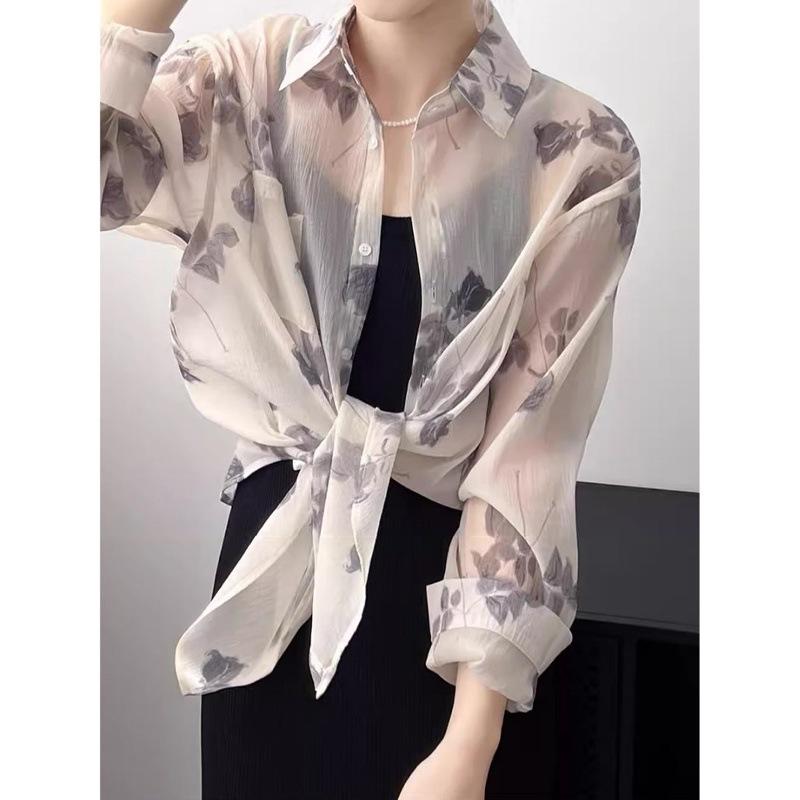 Mulberry Silk Loose Breathable National Style Long-sleeved Floral Sunscreen Shirt Summer Thin Versatile Silk Top Women