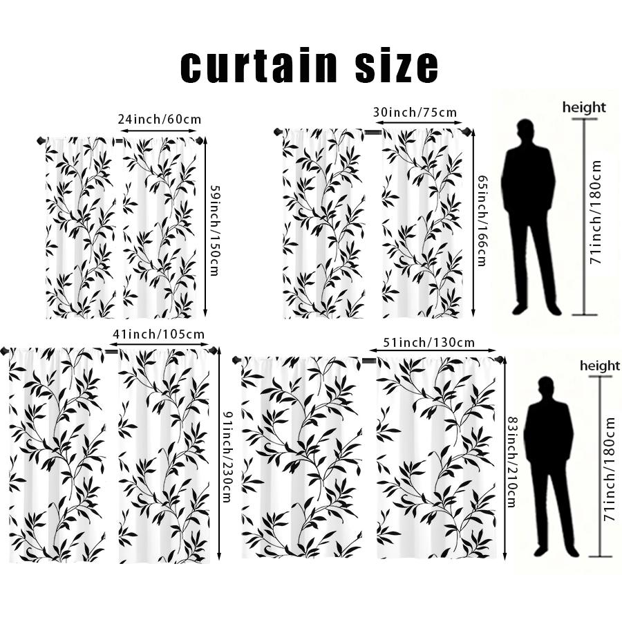 2PCS, Black and White, Minimalist Leaf Silhouette Pattern Curta, for Bedroom and Living Room, Rod Pocket Style