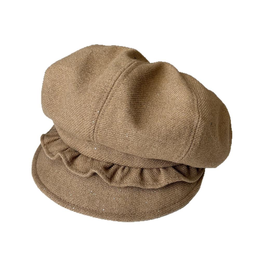 Sweet lace pleated sequined woolen octagonal hat female winter retro age reducing painter hat showing face small bud hat