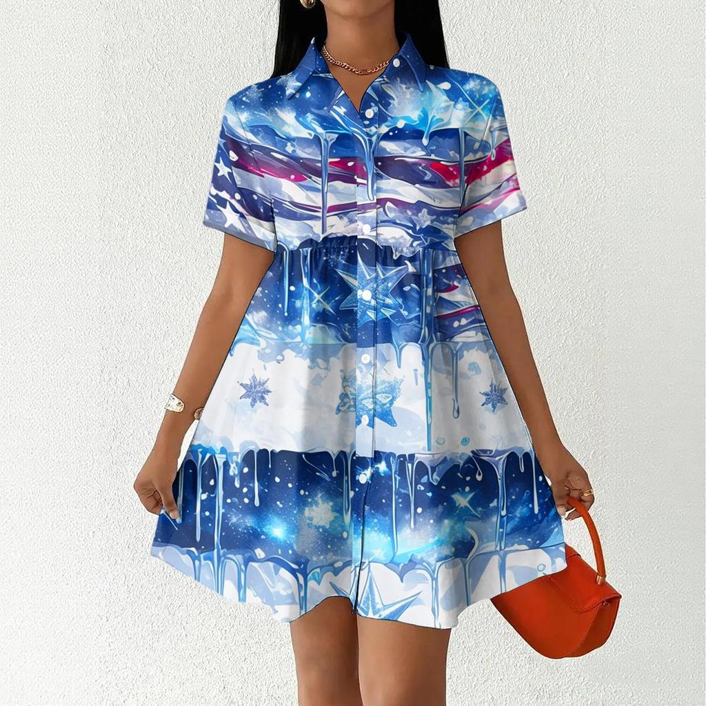 Women's Casual Loose Fit Shirt Dress Button Front Short Sleeve Collar Dress Independence Day Print Summer Dress