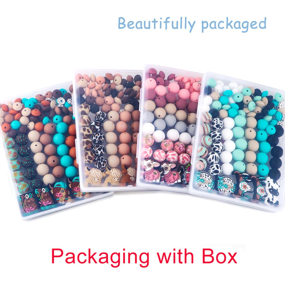 New 100Pcs/Box Yak Cow Silicone Focal Beads Printed Round Lentil Bead Kits DIY Keychain Bracelet Accessories For Jewelry Making