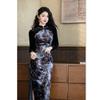 New Chinese velvet splicing improved cheongsam pearl stand-up collar long-sleeved fake two pieces daily wear physical women's clothing