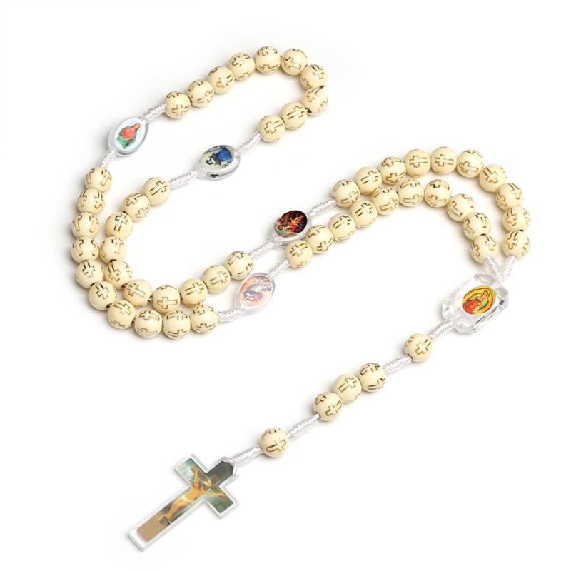 Handmade Plastic Beaded Necklace with Cross Pendant Fashion Catholic Cross Rosary Necklace Jewelry for First Communion