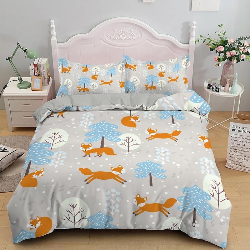 Cartoon Fox King Queen Duvet Cover Lovely Orange Animal Floral Bedding Set Kids Girls Flowers Plant 2/3pcs Polyester Quilt Cover