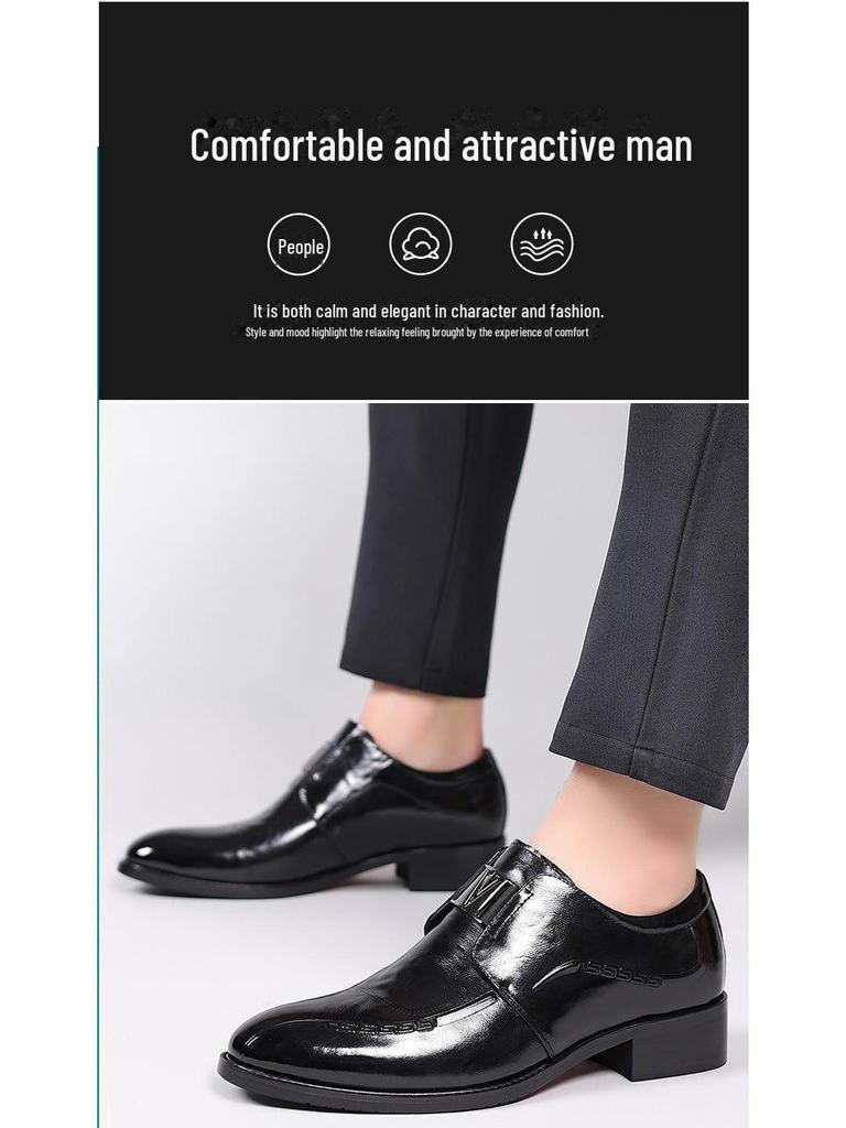 Men's Formal High-End Cowhide Leather Slip-On Shoes with Automatic Buckle and Breathable Pointed Toe Design