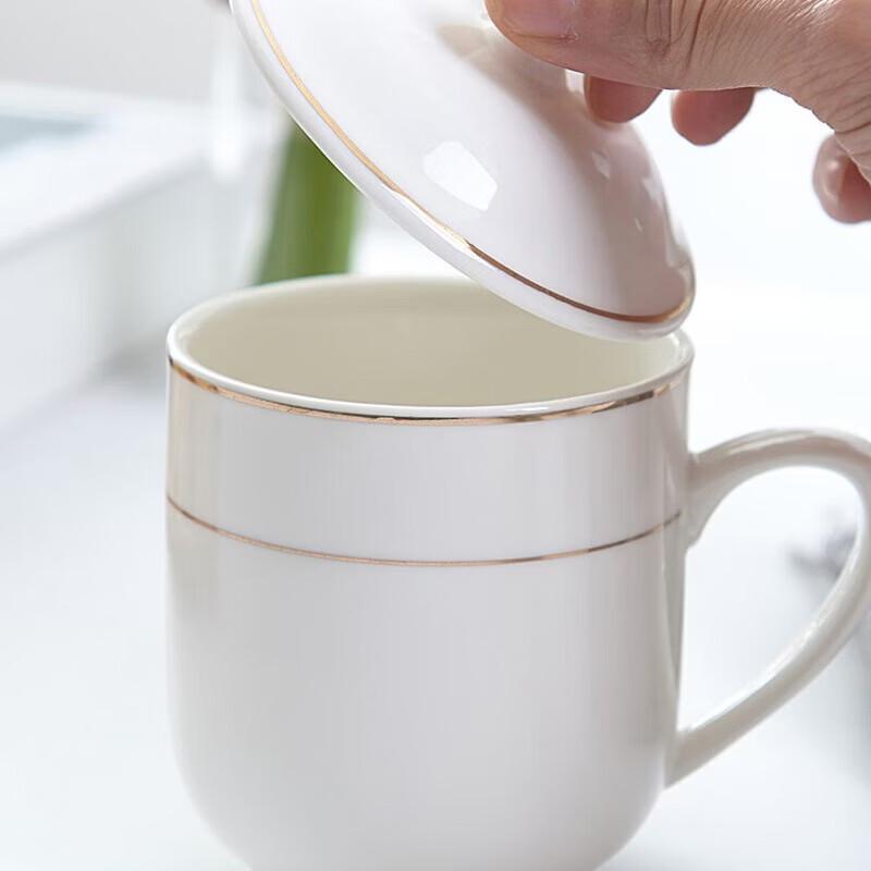 Jiang Xiaoguo White Ceramic Office Teacup with Gold Rim and Lid