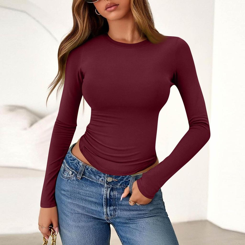 Damenmode Farbe Rundhals Langarm T-Shirt Top