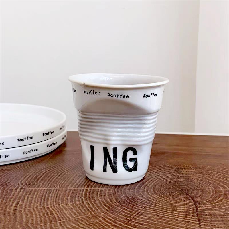 200ml Korean Style Irregular Wrinkle Ceramic Coffee Mug Nordic Origami Breakfast Milk Cup and Mug Coffee Tumbler English Letter 200ml