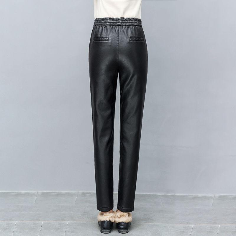 Faux Leather Plush Thickened High Waist Elastic Korean Size Pu Pants Women's  Fashion  Pants Women Clothing
