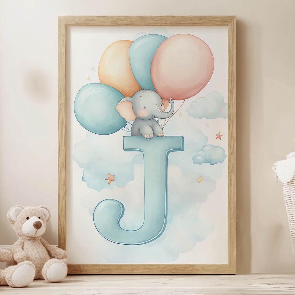 Plakat Słodki Słoń Na Literze J Plakat Słodki Słoń Na Literze J, 30X40 Cm, Rama Drewniana Ciemny Brąz, Papier Matowy 230 Gsm