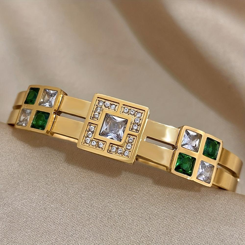 Luxury Stainless Steel Bracelet with Green Synthetic Cubic Zirconia - Fashion Cuff Bangle Jewelry