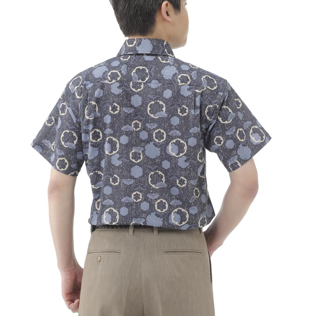 Little Island Takashima Chijimi Short Sleeve Indigo Blue with Japanese Size L Men's Shirt, Pattern,