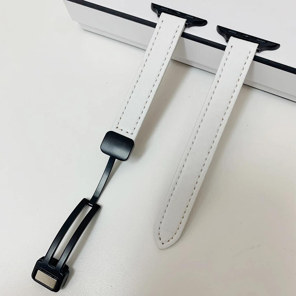 Folding Buckle Leather Magnetic Strap For Apple Watch S10 42/46mm 9 8 7 6 SE 5 4 Slim Watchband 38 40 44mm 45mm 41mm For iwatch