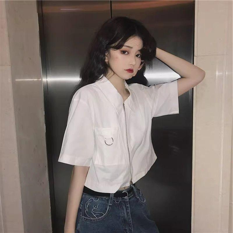 Spring and Summer New Simple Style Polo Shirt Zipper Short-sleeved Shirt Women's Design Short Cardigan Top