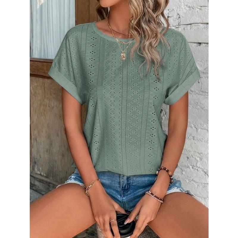 Fashion Casual Bat Short Sleeves Hollow Blouse Women O Neck Loose Summer T Shirts Female Office Tops Sweet Embroidery Solid Color Elegant Clothing