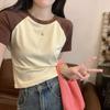 Niche retro T-shirt women's splicing contrasting short top summer shoulder sleeves American sweet and spicy small short sleeves