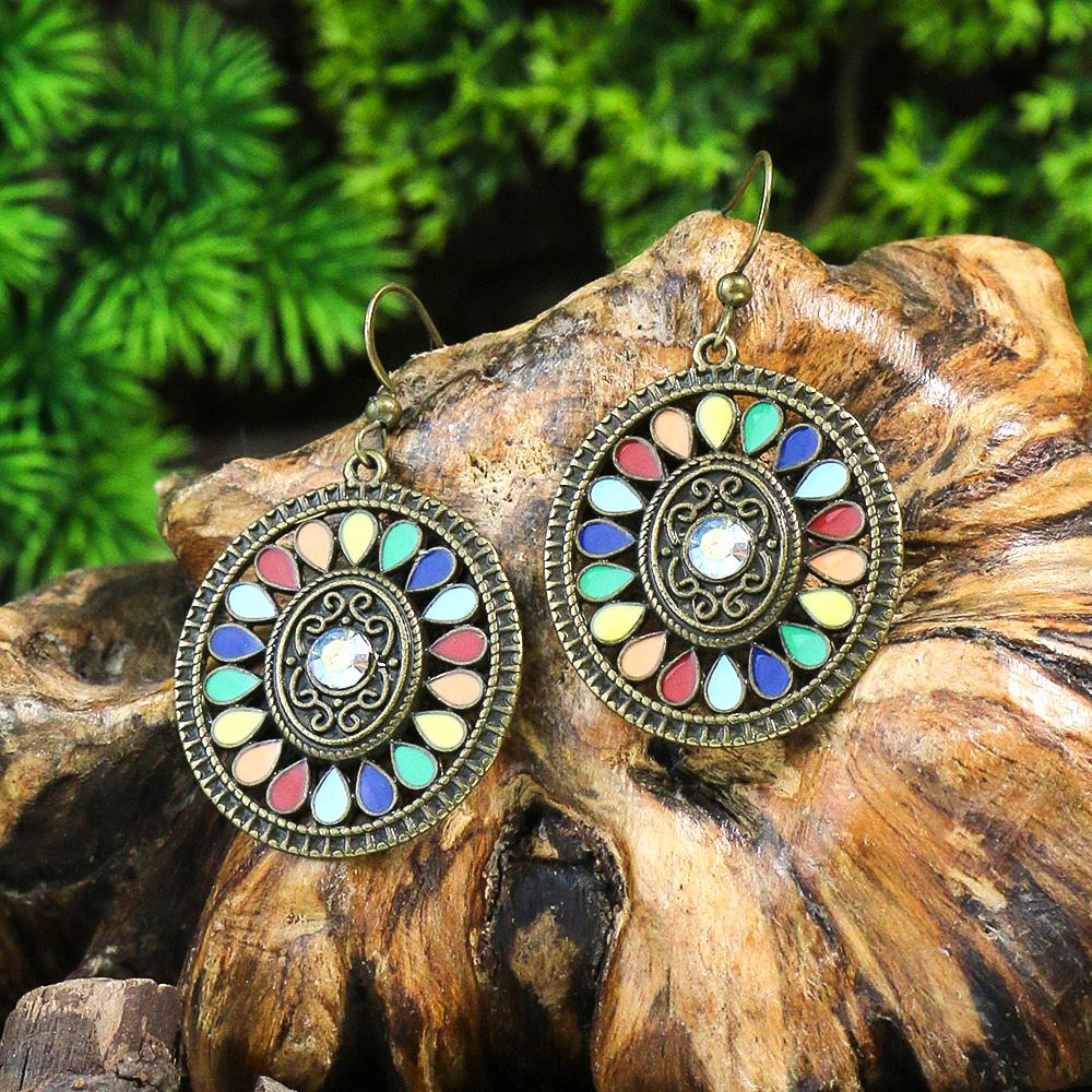 Nouvelles Boucles d'Oreilles Bohémiennes en Alliage Goutte Ronde Huile Multicolore Zircons Tournesol Ornement Distinctif Cadeaux Fête