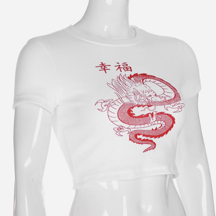 White Chinese Character Dragon Print T Shirt Women Bodycon Casual T-Shirt Femme Streetwear Tops