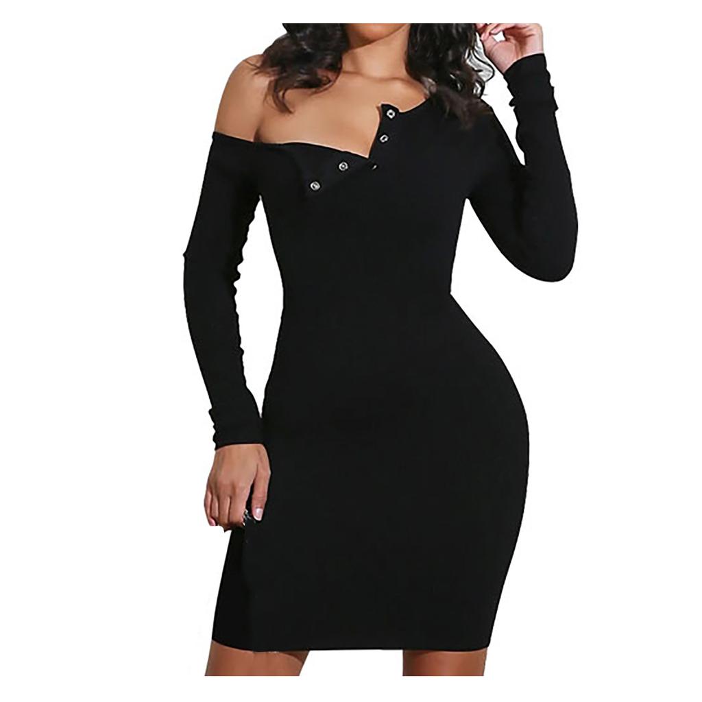Women Fashion Knitted Button Slim Dress Long Sleeve Color Dress
