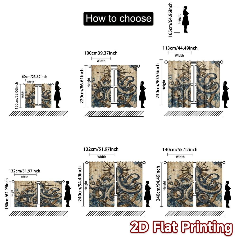 2D FLAT PRINTING 2pcs Curtains (Without Rod) Nautical Octopus Art Modern Curtains Machine Washable Fabric Curtains Gift Suitable