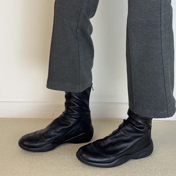 Cowhide Version~ Leather Round Head Thick Sole Retro Black Short Boots Women's Autumn and Winter Down Boots Elastic Thin Boots Martin Boots