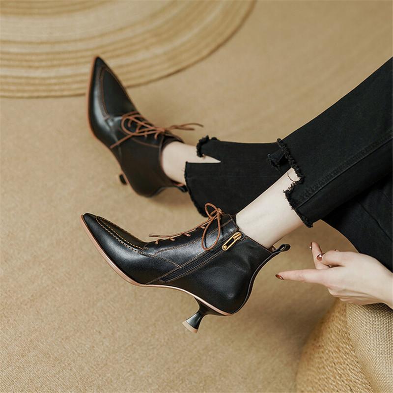 Fashion 2025 Autumn Winter Fashion Pointed Toe Women Shoes French Retro Genuine Leather Ankle Boots for Women Thin Heel Boots Shoe Women