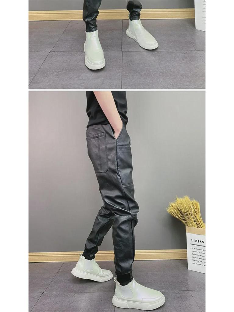 Men's Trendy Elastic PU Leather Pants - Windproof, Waterproof, Six-Pocket Casual Trousers for Autumn/Winter