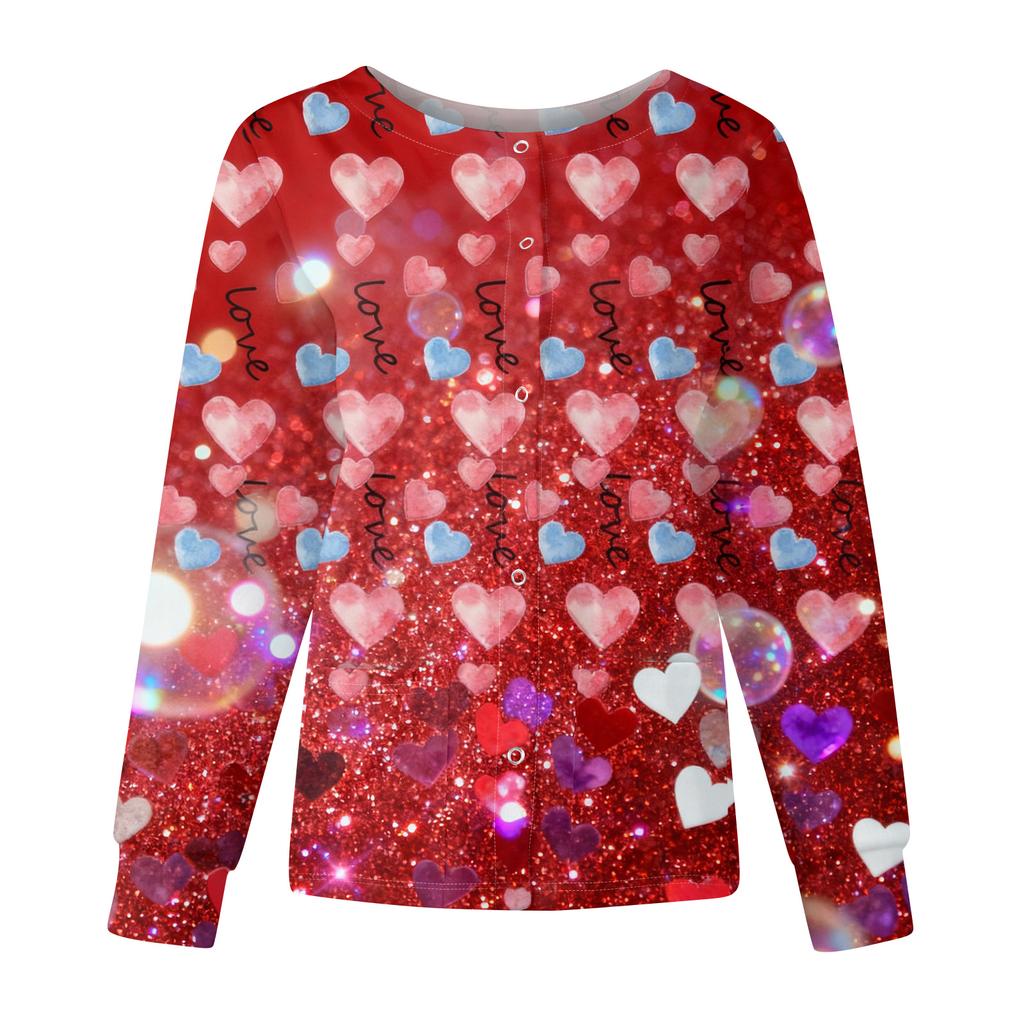 Women's Casual Fashion Long Sleeve Standing Collar Single Breasted Valentine's Day Print Workwear Jacket Tops