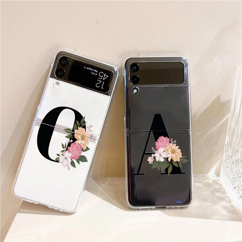 Flower Letters S Fashion Phone Case For Samsung Galaxy Z Flip 3 4 5 6 7 Hard Folding Z Flip4 Clear PC Cover Protector Gift