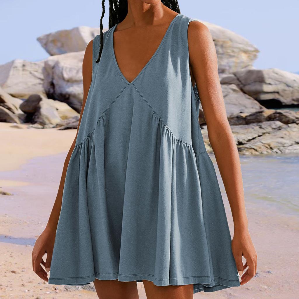 Women's Summer Sleeveless Dress Casual Loose V-neck Tank Top With Pockets