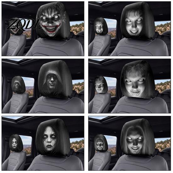 Eerie Car Interior Styling Realistic Horror Headrest Covers, Double Sided Scary Passenger Decorative Sleeves Illusion Seat Protector, Universal