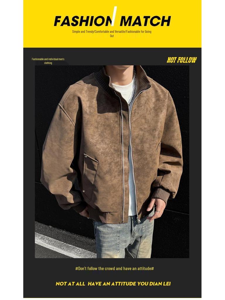Men's Retro Versatile Stand Collar PU Leather Jacket - Casual and Wear-resistant for Spring and Autumn