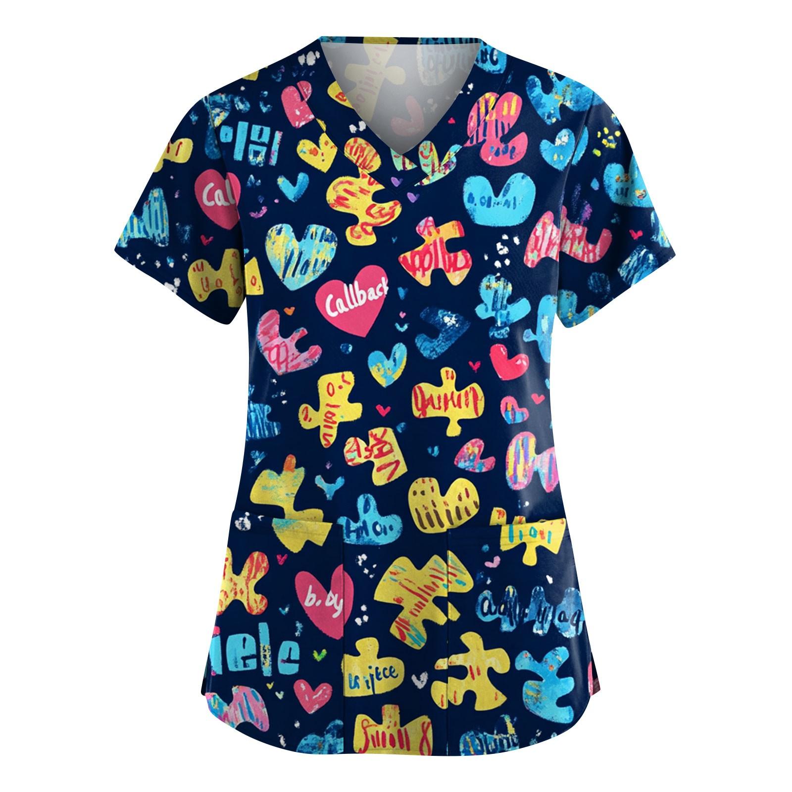 

Женская мода с коротким рукавом, симпатичным принтом животных, V-образным вырезом, карманом, рабочая одежда, топы S