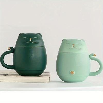 1ks Keramický hrnek na čaj s infuzérem a víčkem, Roztomilý kočičí design, Ručně vyráběný porcelánový šálek na sypaný čaj, Izolovaný, Vhodný do myčky nádobí