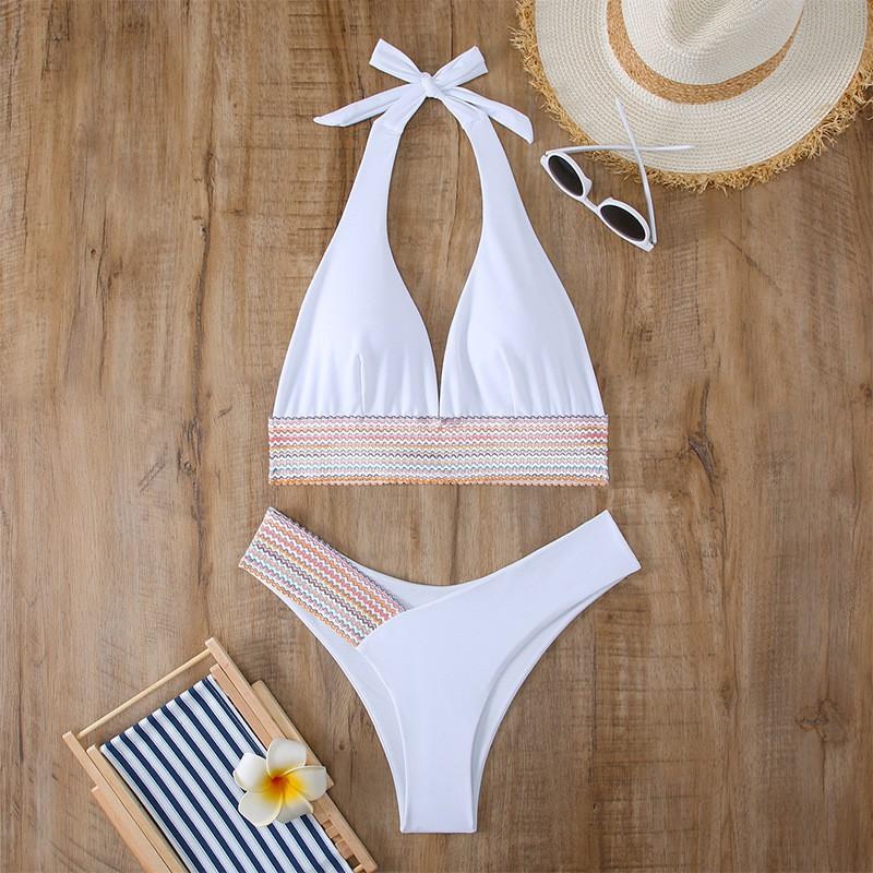 Pure Color Split Swimsuit Women Sexy Tight Bikini High Waist Neck Gathered