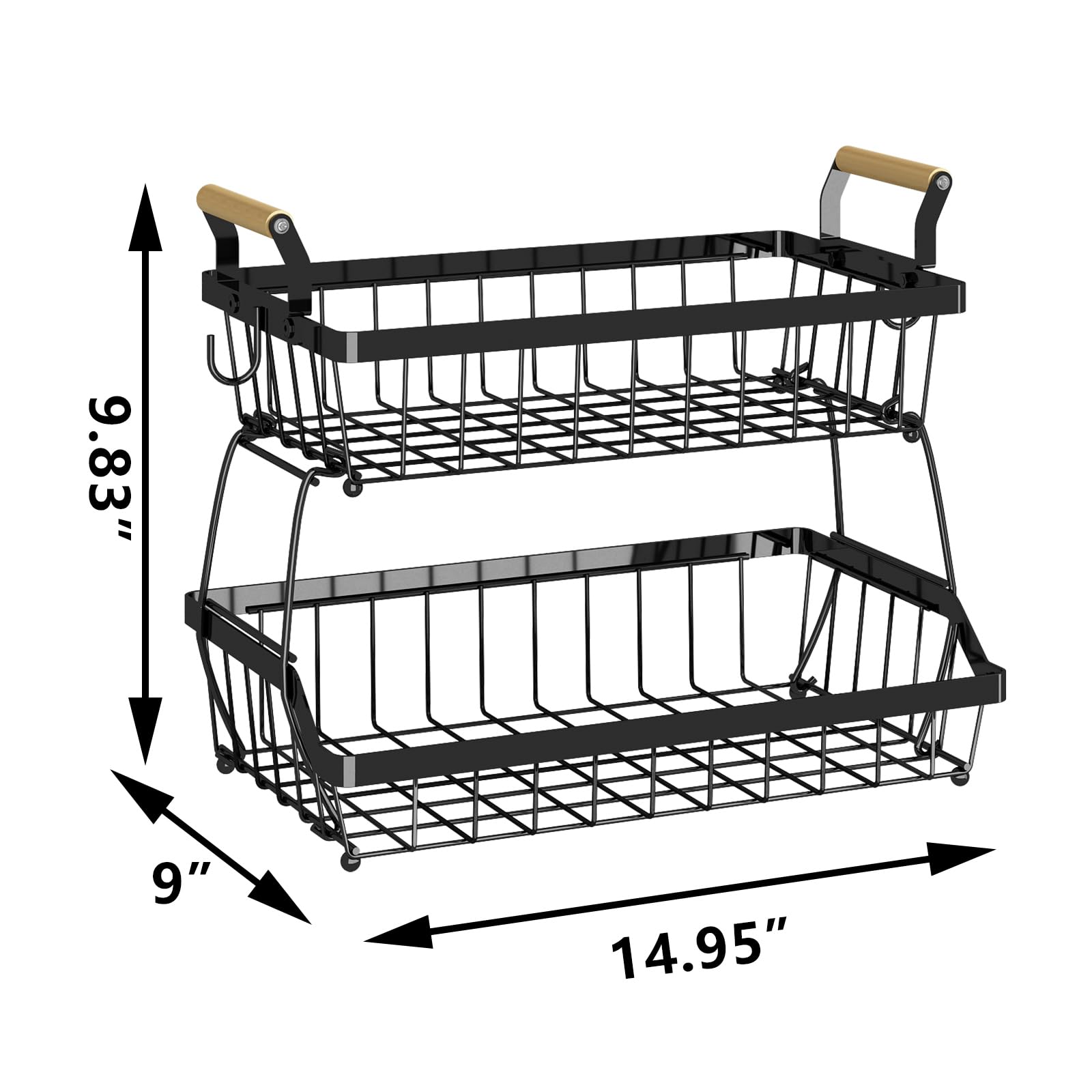 

2-Tier Metal Fruit Basket with Wooden Handle, Large Rectangular Storage Rack for Vegetables, Fruits, Snacks - Black M&2-tier чорний