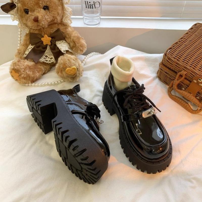 Autumn Platform Small Leather Shoes Women's New Thick Heel Heightened Black Lace-up Cotton Shoes