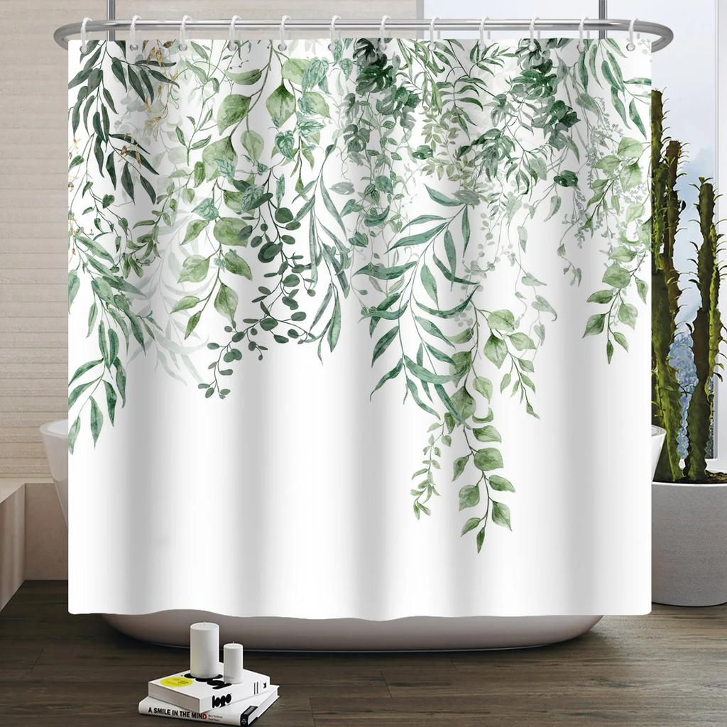 Small Fresh Shower Curtain Hand Painted Plant Watercolor Waterproof Polyester Shower Curtain With Hooks For Bathroom Decoration