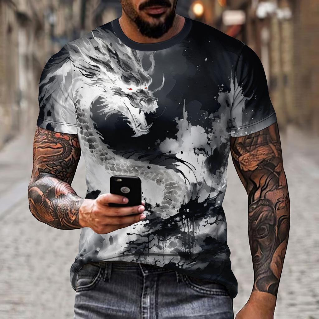 New Round Neck T-Shirt 3d Dragon Print Men's Cool Polyester Chinese Style Short Sleeved Fashionable Holiday Versatile Top