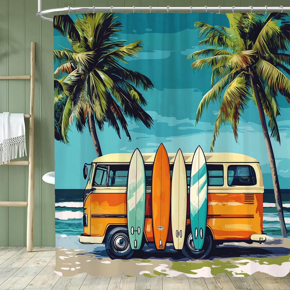 Summer Beach Surfing Shower Curtain, Bathroom Curtain,Printed Polyester Home Decorative Curtain With Hooks