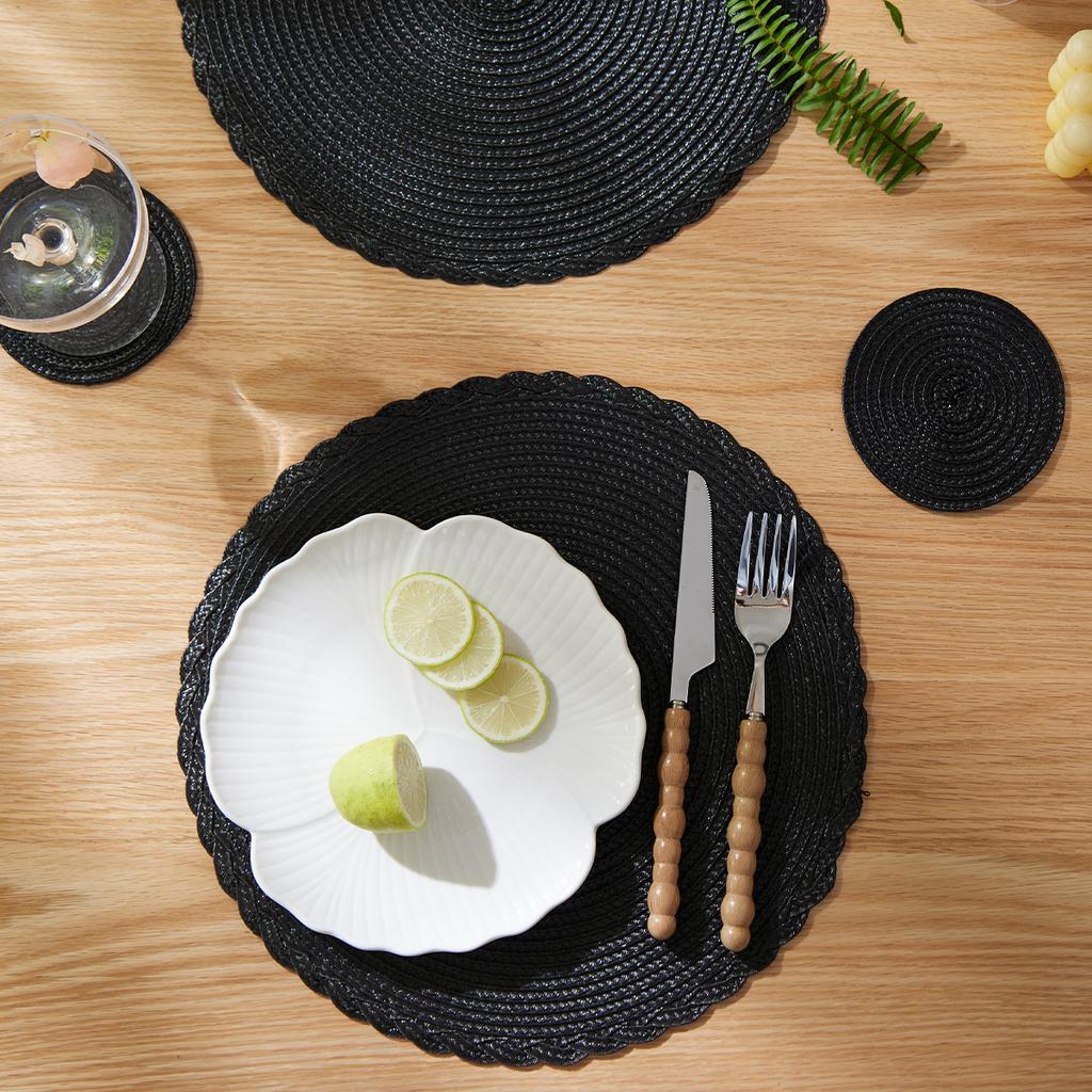 Set of 12 Round Braided Placemats 32CM Table Mats for Dining Tables Christmas Halloween Woven Washable Non-Slip Place mats NONE