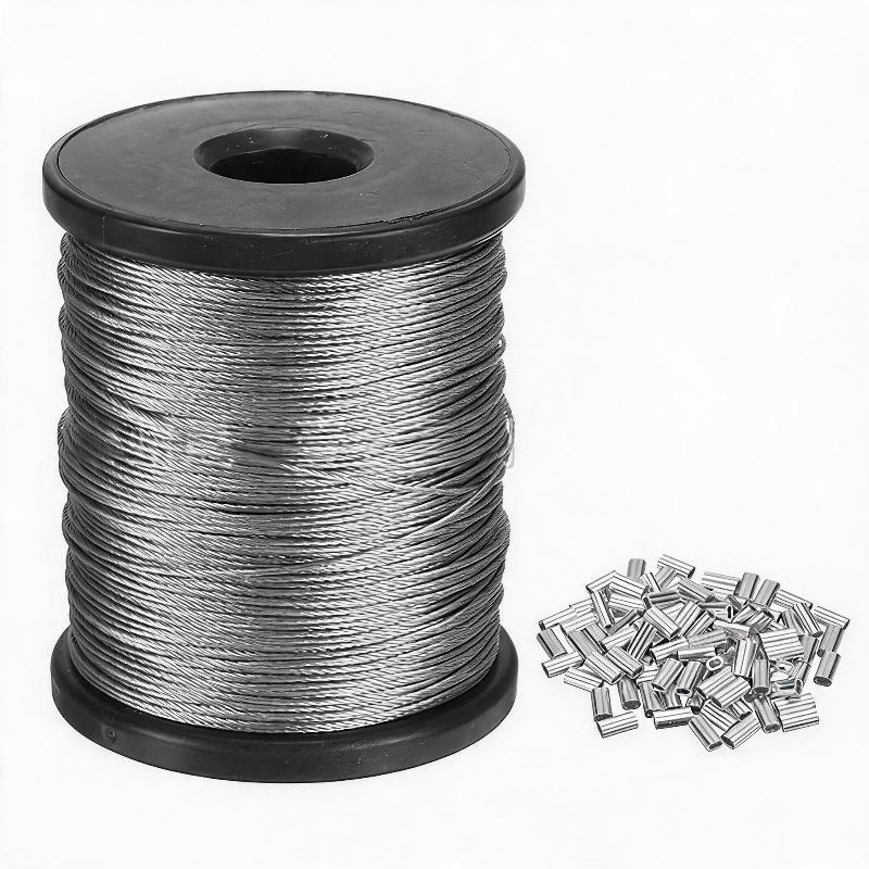 Stainless Steel Wire Rope Cuttable 50m/196ft with 50 Aluminum Crimps for DIY Craft Household Hanging Projects