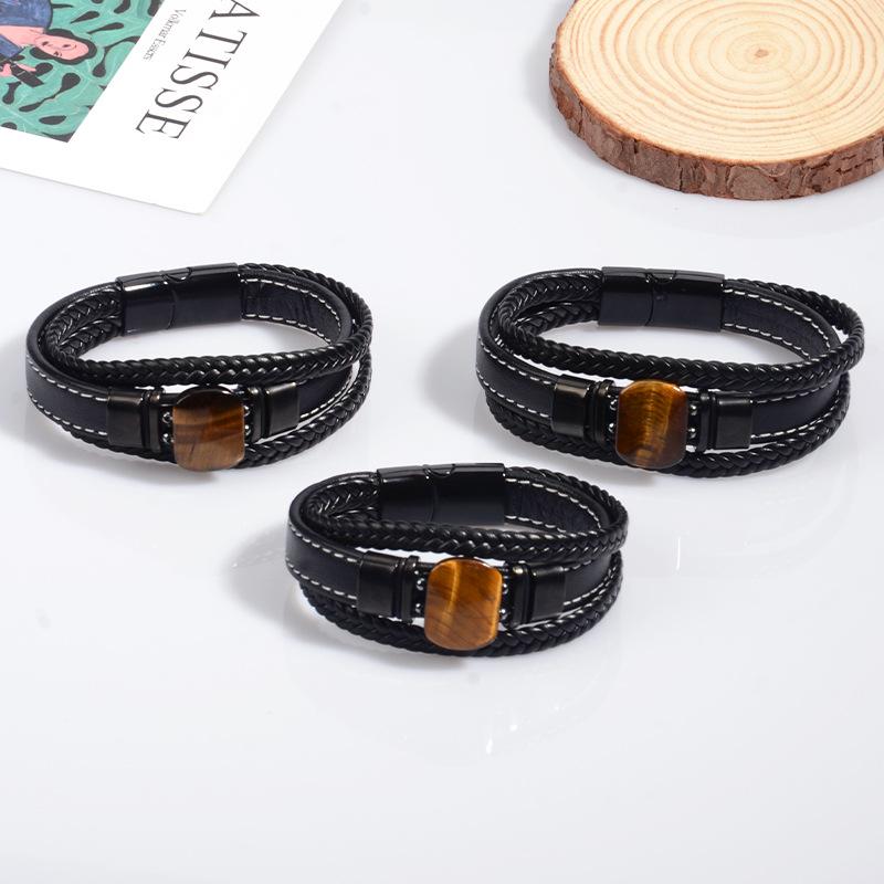 Men's Multi-Layer Tiger Eye Leather Bracelet with Magnetic Clasp and Stainless Steel Accents