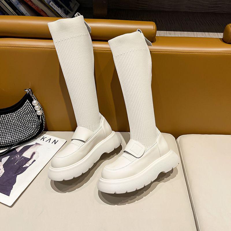 Fashion Platform Winter Knee High Shaft Long Elastic White Footwear Women's Boots Black Shoes for Woman Sock 2024 Novelty Spring Pu New