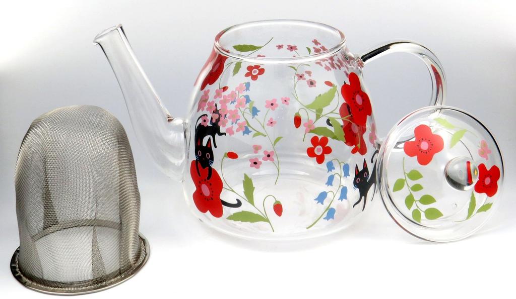NEKO Nyago Heat-Resistant Glass Teapot, Approx. 530ml (with Tea Strainer), Flower and Cat Design, Cute Gift for Humans, White Day, Birthday, NKH-1009