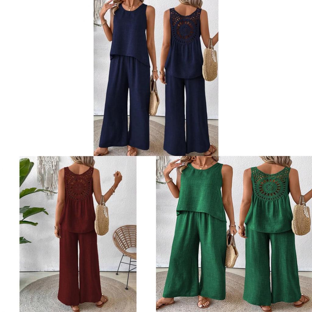 Bohemian Style Sleeveless Top And Wide Leg Pants Set With Polyester Fabric For Casual Summer Wear