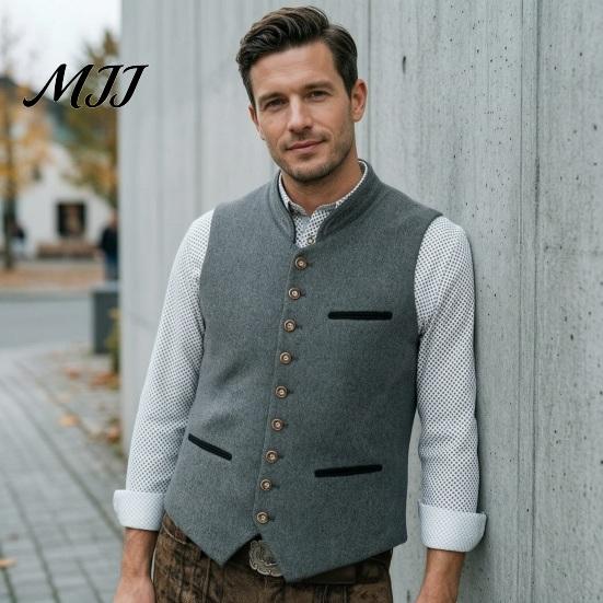 Men Oktoberfest Waistcoat Vest, Traditional Costume Waistcoat, Stand-Up Collar Button-up Vintage European Style Formal Vest Gilet, Retro